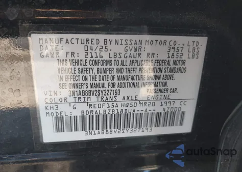 2025 Nissan Sentra S z USA, uszkodzony, nr VIN 3N1AB8BV2SY327193